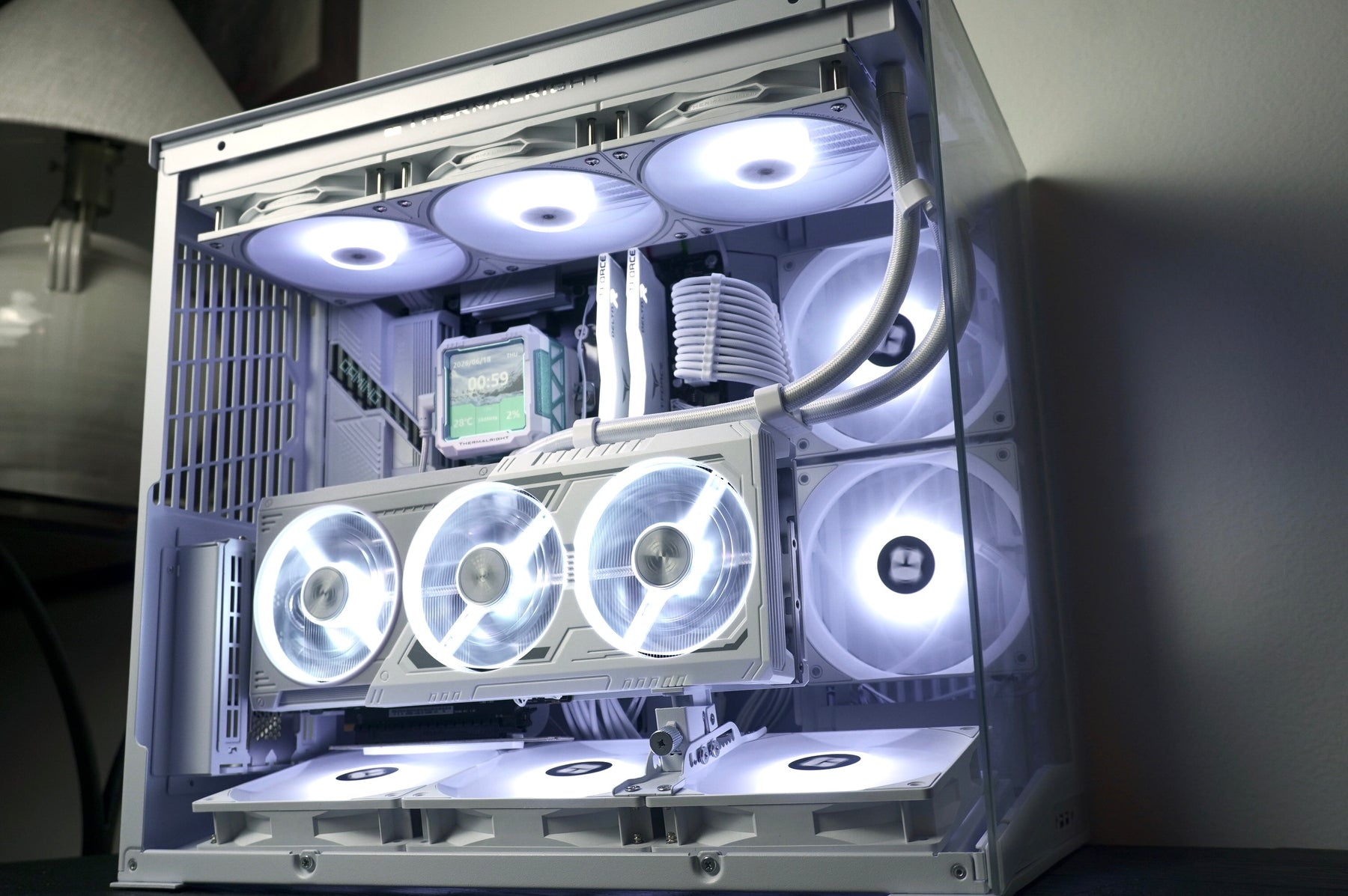 All-White Gaming PC in a fish tank case with white ARGB fans.